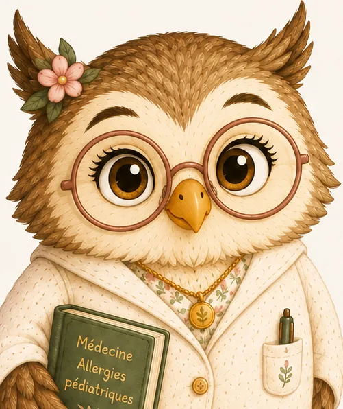 Le Dr Chouette, la médecin du Bois, avec ses lunettes rondes et son livre